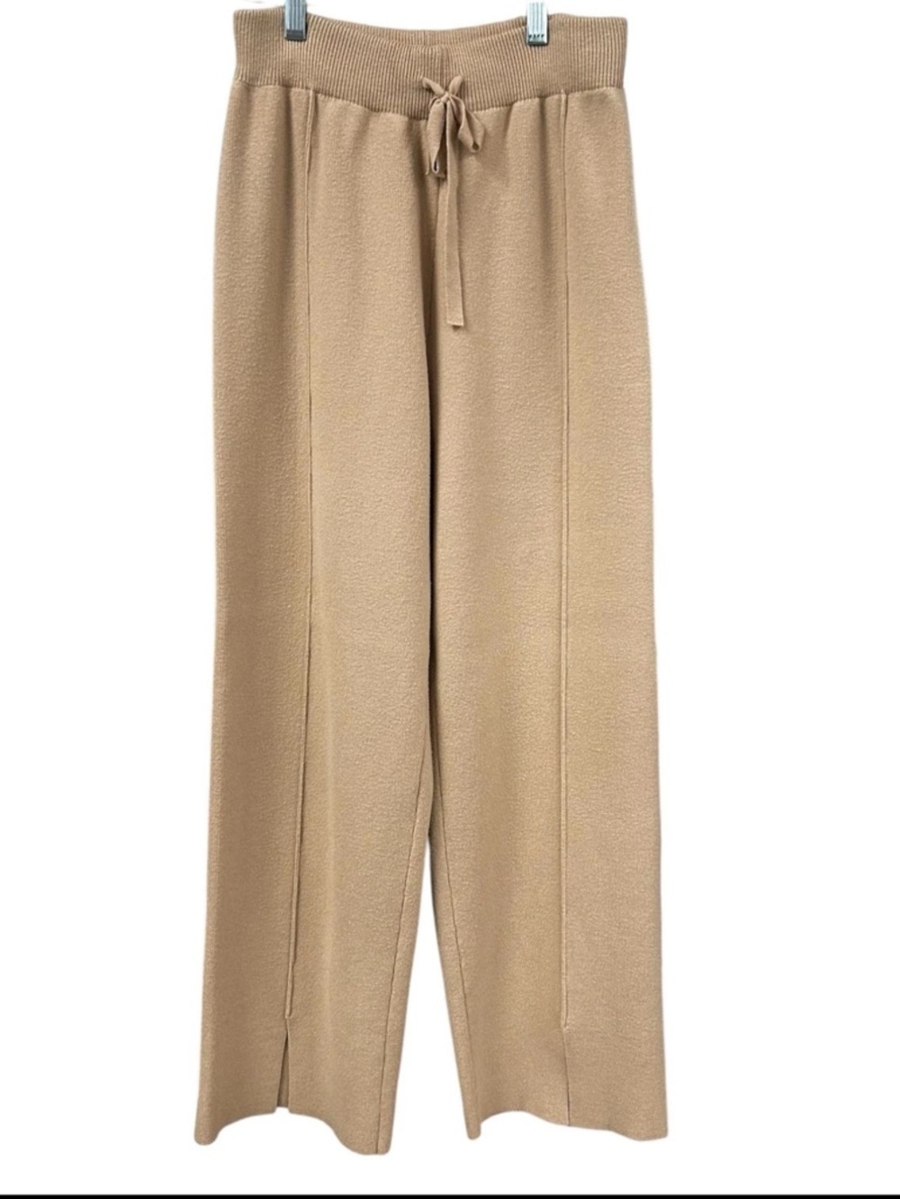 Commense Women's Ribbed Mystique Wide Leg Pants Split Hem Drawstring Beige